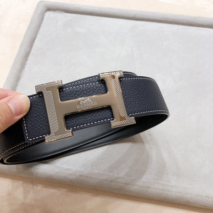 HM H D'ANCRE BELT BUCKLE & REVERSIBLE BLACK LEATHER STRAP 38 MM GREY SILVER HARDWARE