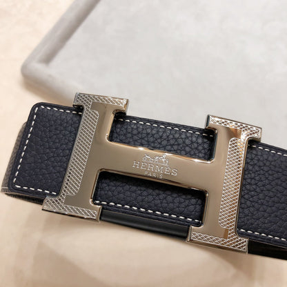 HM H D'ANCRE BELT BUCKLE & REVERSIBLE BLACK LEATHER STRAP 38 MM GREY SILVER HARDWARE