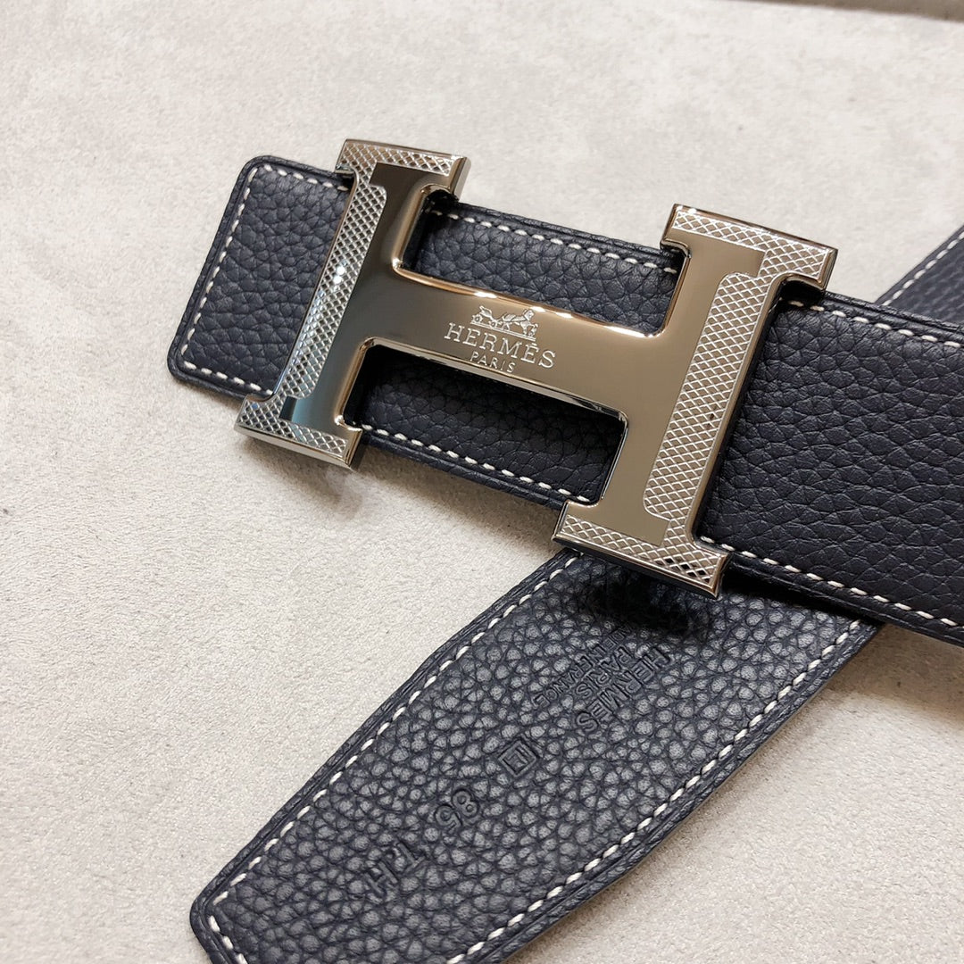 HM H D'ANCRE BELT BUCKLE & REVERSIBLE BLACK LEATHER STRAP 38 MM GREY SILVER HARDWARE