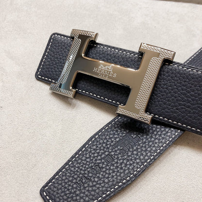 HM H D'ANCRE BELT BUCKLE & REVERSIBLE BLACK LEATHER STRAP 38 MM GREY SILVER HARDWARE