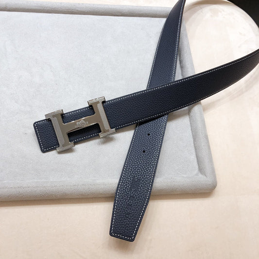 HM H D'ANCRE BELT BUCKLE & REVERSIBLE BLACK LEATHER STRAP 38 MM GREY SILVER HARDWARE