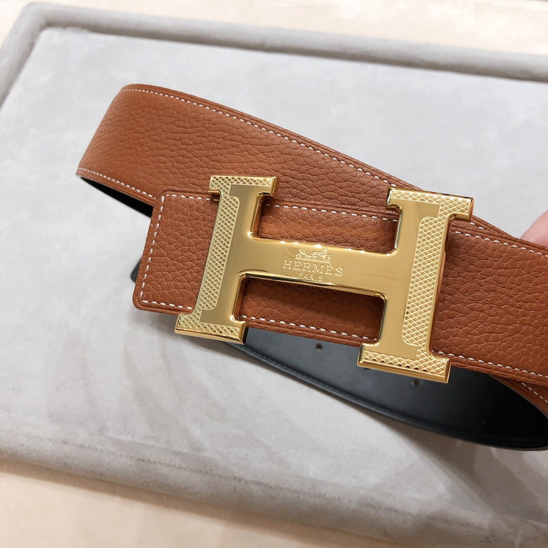 HM H D'ANCRE BELT BUCKLE & REVERSIBLE BRONZE BROWN LEATHER STRAP 38 MM GOLD HARDWARE