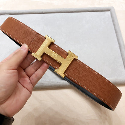 HM H D'ANCRE BELT BUCKLE & REVERSIBLE BLACK AND BRONZE BROWN LEATHER STRAP 38 MM GOLD HARDWARE
