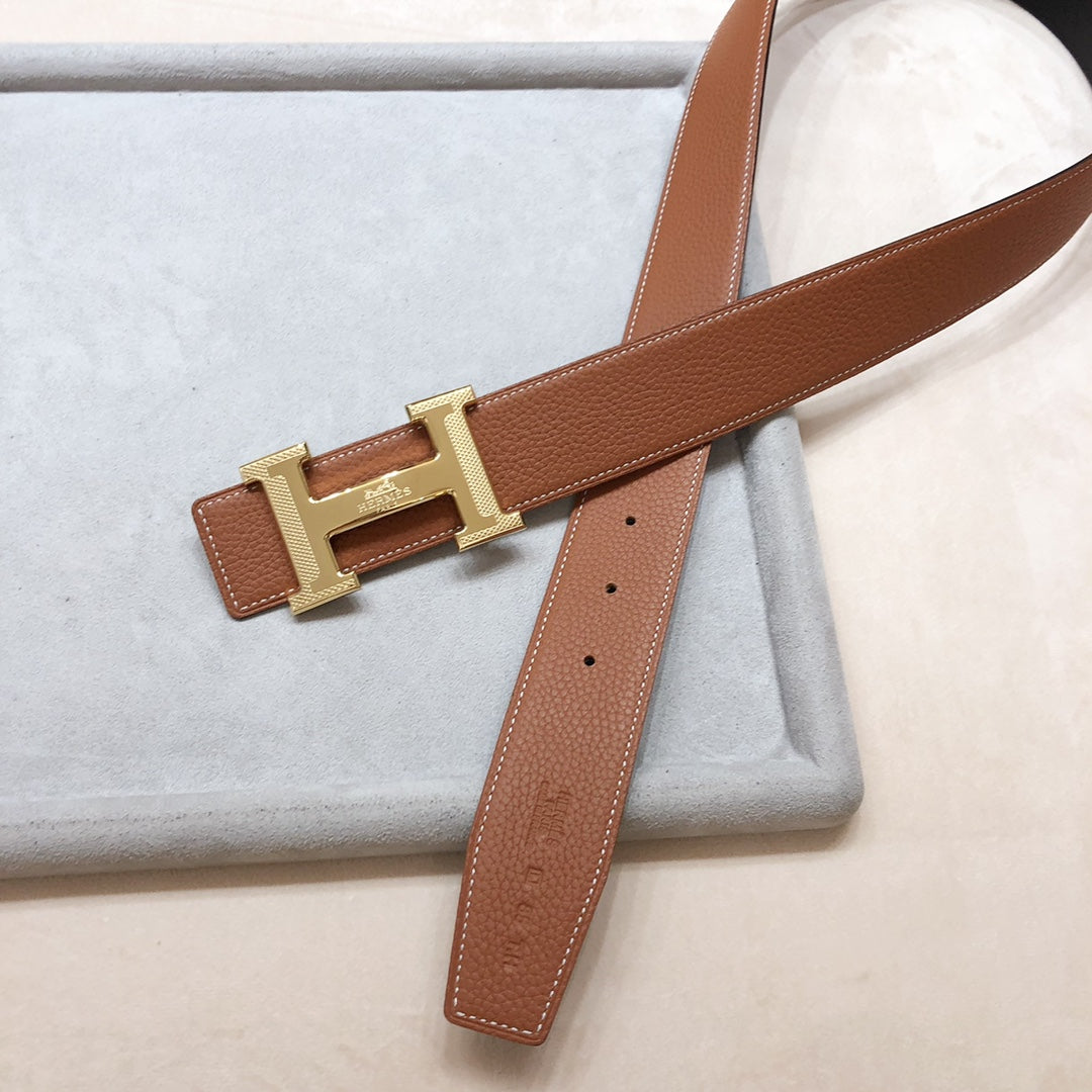 HM H D'ANCRE BELT BUCKLE & REVERSIBLE BRONZE BROWN LEATHER STRAP 38 MM GOLD HARDWARE