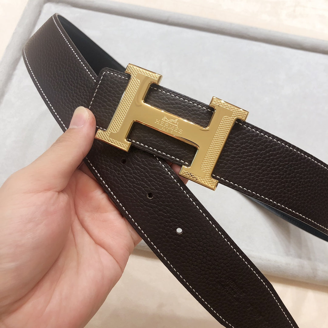 HM H D'ANCRE BELT BUCKLE & REVERSIBLE BLACK AND CHOCOLATE BROWN LEATHER STRAP 38 MM GOLD HARDWARE