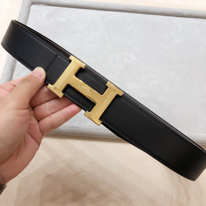 HM H D'ANCRE BELT BUCKLE & REVERSIBLE BLACK AND CHOCOLATE BROWN LEATHER STRAP 38 MM GOLD HARDWARE