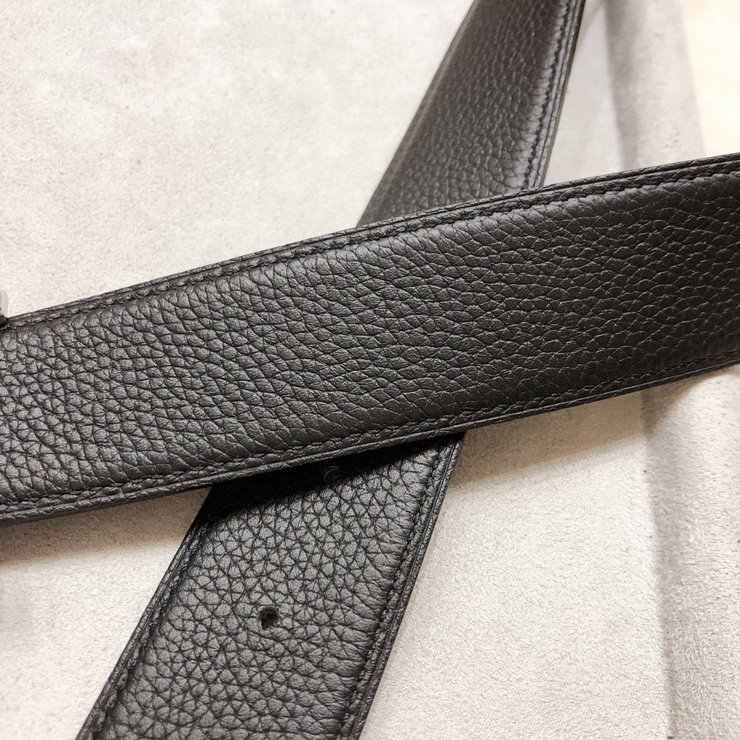 HM H D'ANCRE BELT BUCKLE & REVERSIBLE BLACK LEATHER STRAP 38 MM SILVER HARDWARE