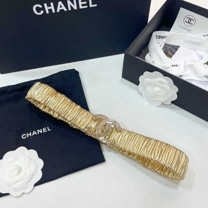 DOUBLE C ELASTIC BELT 30MM IN YELLOW CALFSKIN GOLD CRYSTAL EMBELLISHED BUCKLE