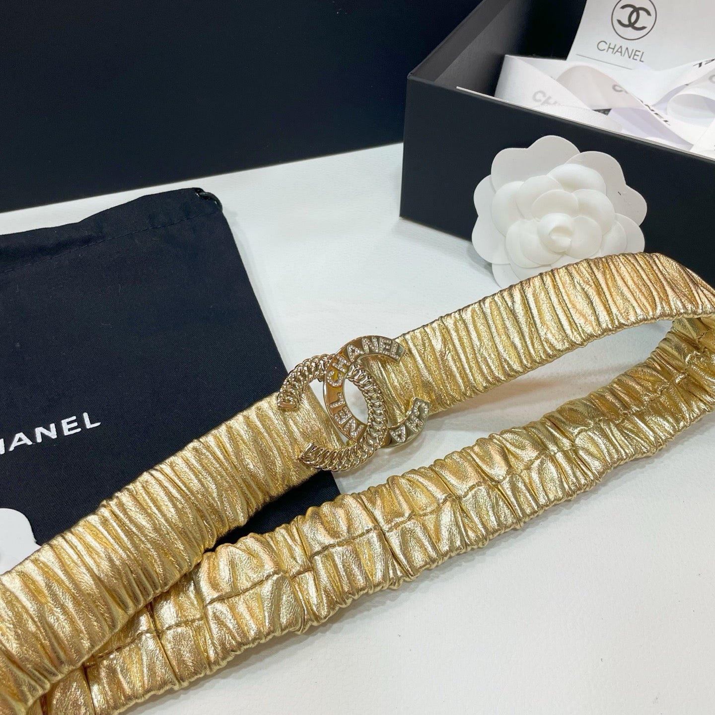 DOUBLE C ELASTIC BELT 30MM IN YELLOW CALFSKIN GOLD CRYSTAL EMBELLISHED BUCKLE