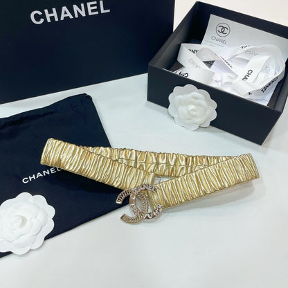 DOUBLE C ELASTIC BELT 30MM IN YELLOW CALFSKIN GOLD CRYSTAL EMBELLISHED BUCKLE