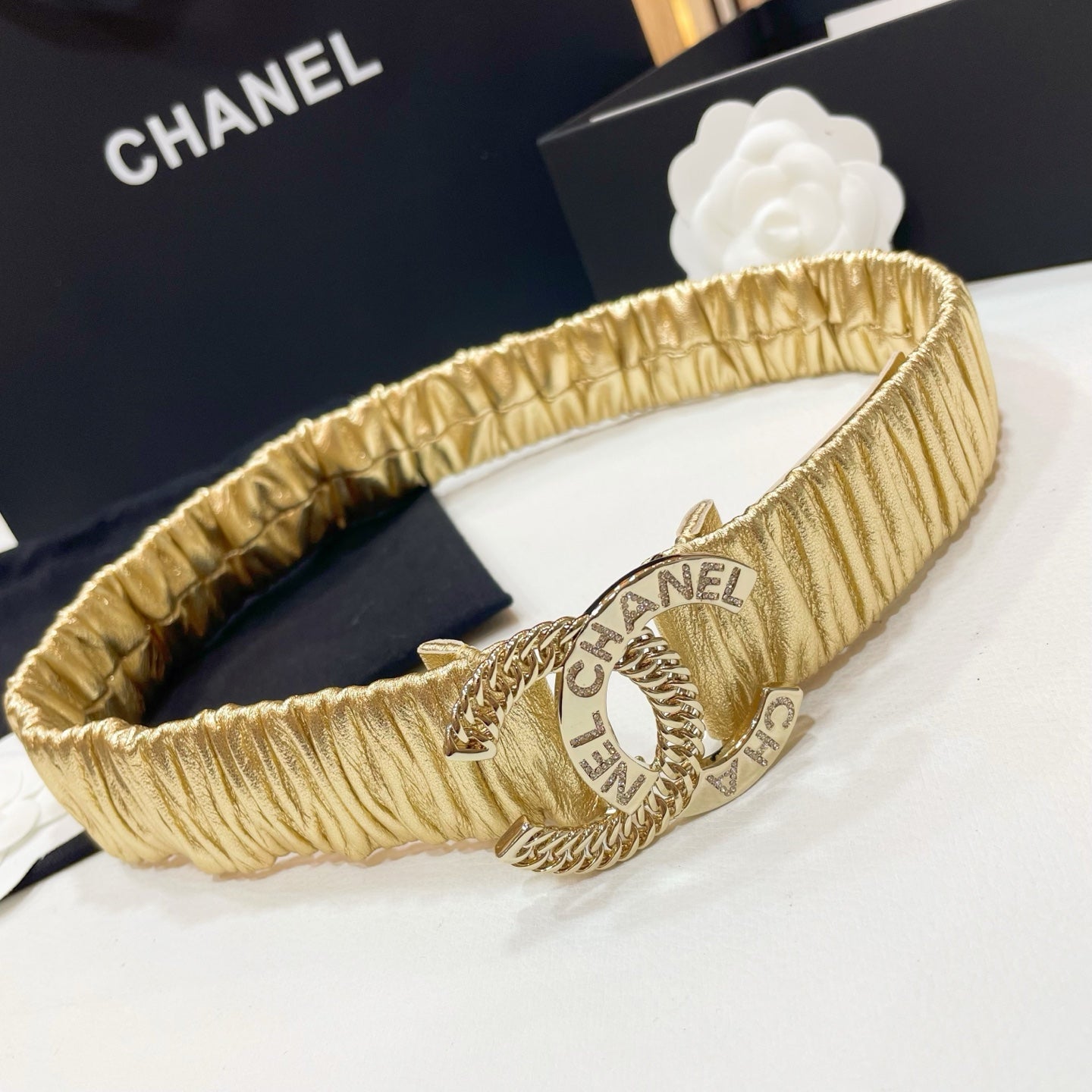 DOUBLE C ELASTIC BELT 30MM IN YELLOW CALFSKIN GOLD CRYSTAL EMBELLISHED BUCKLE