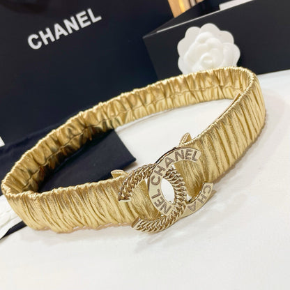 DOUBLE C ELASTIC BELT 30MM IN YELLOW CALFSKIN GOLD CRYSTAL EMBELLISHED BUCKLE