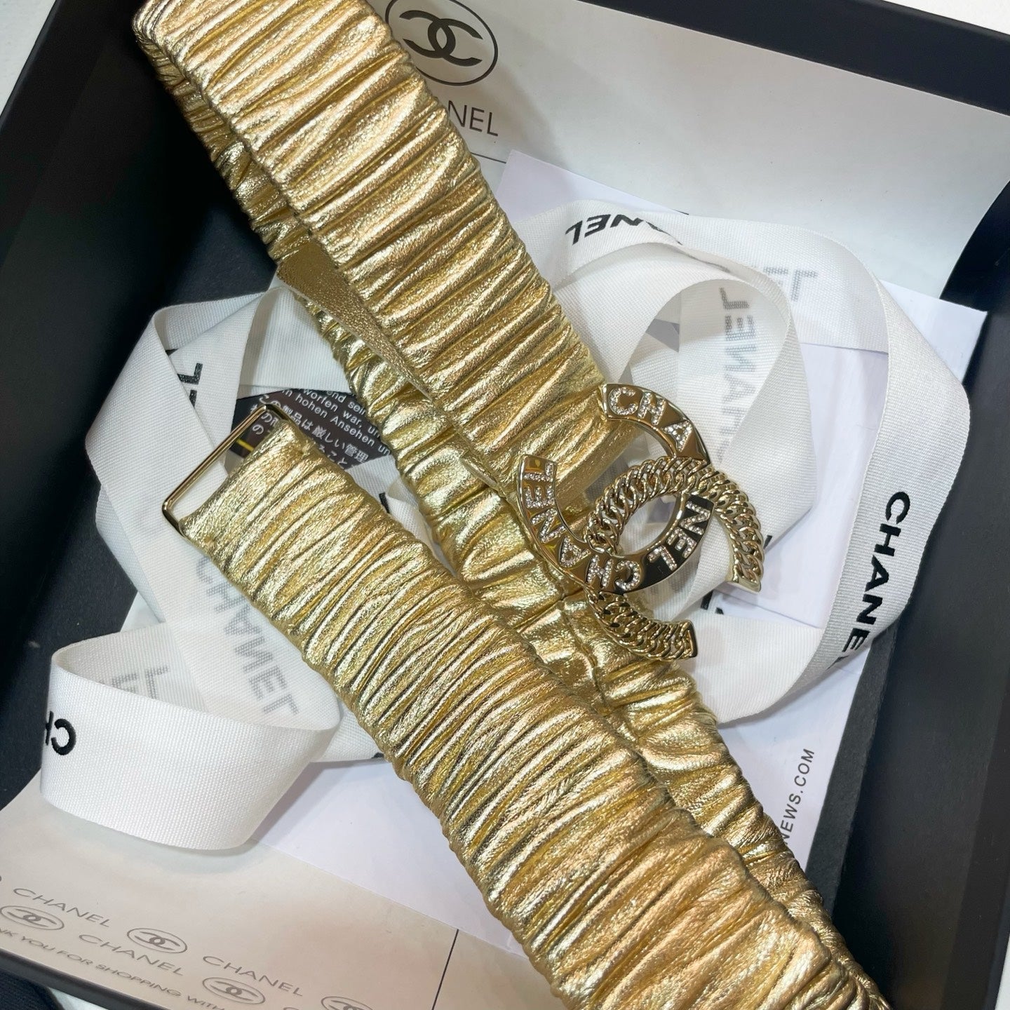 DOUBLE C ELASTIC BELT 30MM IN YELLOW CALFSKIN GOLD CRYSTAL EMBELLISHED BUCKLE