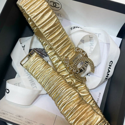 DOUBLE C ELASTIC BELT 30MM IN YELLOW CALFSKIN GOLD CRYSTAL EMBELLISHED BUCKLE