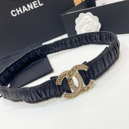 DOUBLE C ELASTIC BELT 30MM IN BLACK CALFSKIN GOLD CRYSTAL EMBELLISHED BUCKLE