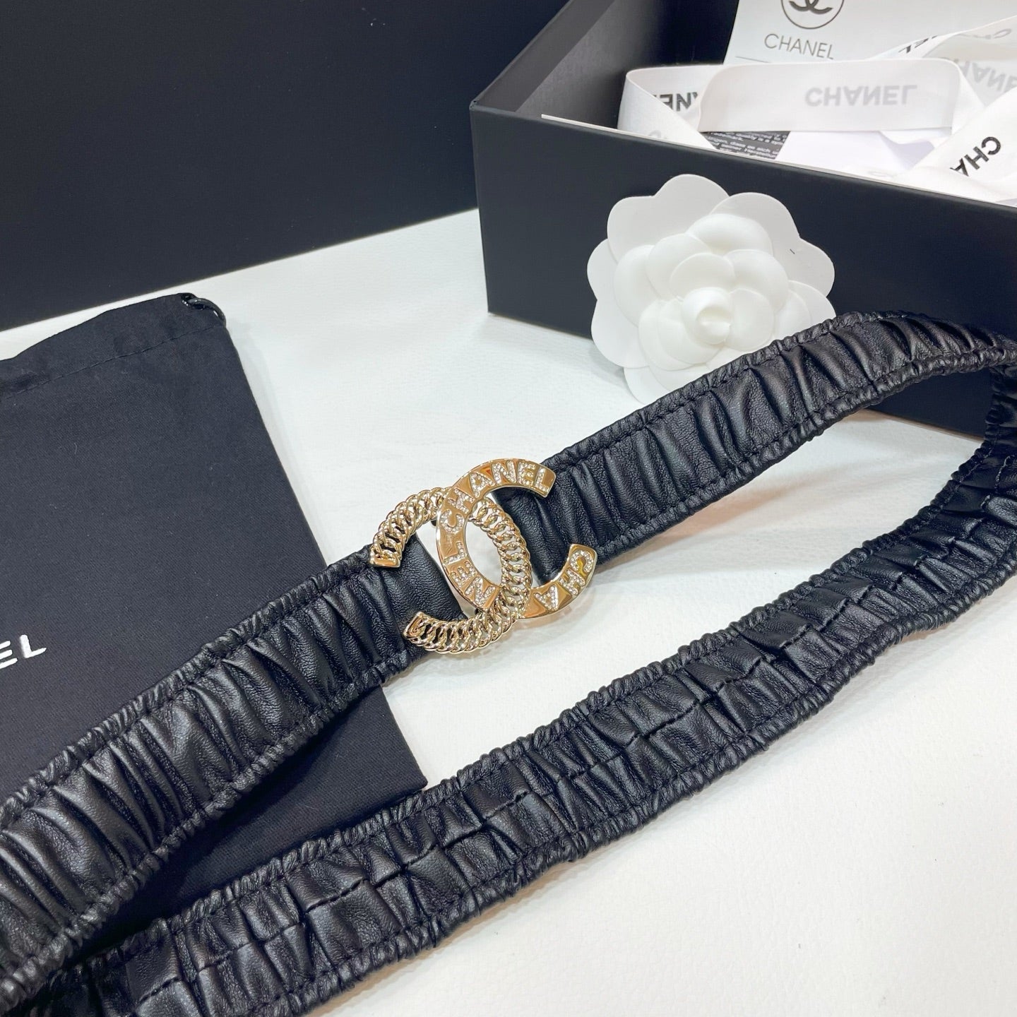 DOUBLE C ELASTIC BELT 30MM IN BLACK CALFSKIN GOLD CRYSTAL EMBELLISHED BUCKLE