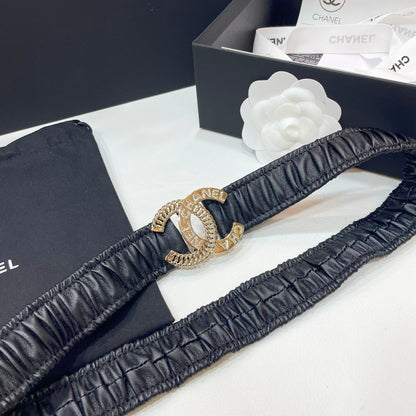 DOUBLE C ELASTIC BELT 30MM IN BLACK CALFSKIN GOLD CRYSTAL EMBELLISHED BUCKLE