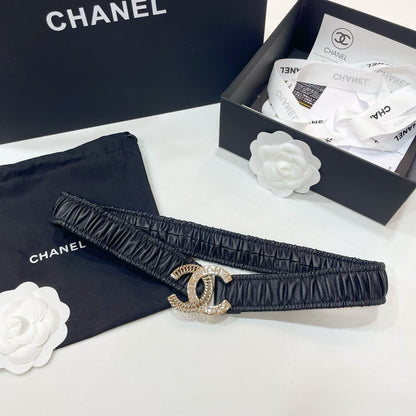 DOUBLE C ELASTIC BELT 30MM IN BLACK CALFSKIN GOLD CRYSTAL EMBELLISHED BUCKLE