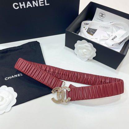 DOUBLE CC 30MM STRETCH BELT IN RED CALFSKIN GOLD CHAIN BUCKLE CRYSTAL LOGO