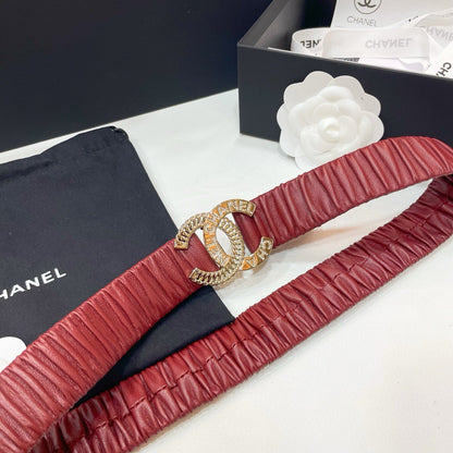 DOUBLE CC 30MM STRETCH BELT IN RED CALFSKIN GOLD CHAIN BUCKLE CRYSTAL LOGO