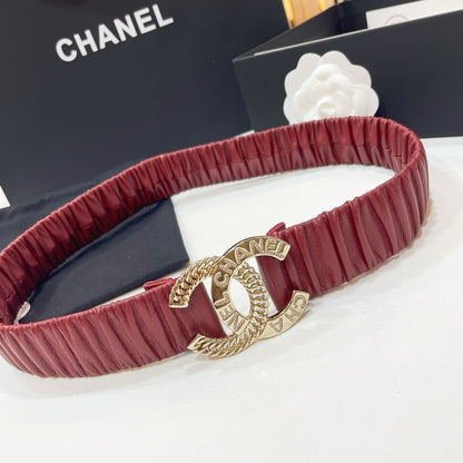 DOUBLE CC 30MM STRETCH BELT IN RED CALFSKIN GOLD CHAIN BUCKLE CRYSTAL LOGO