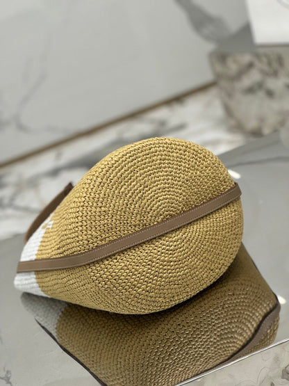 BUCKET BAG 25 IN WHITE MIX BEIGE RAFFIA AND BROWN CALFSKIN HANDLE