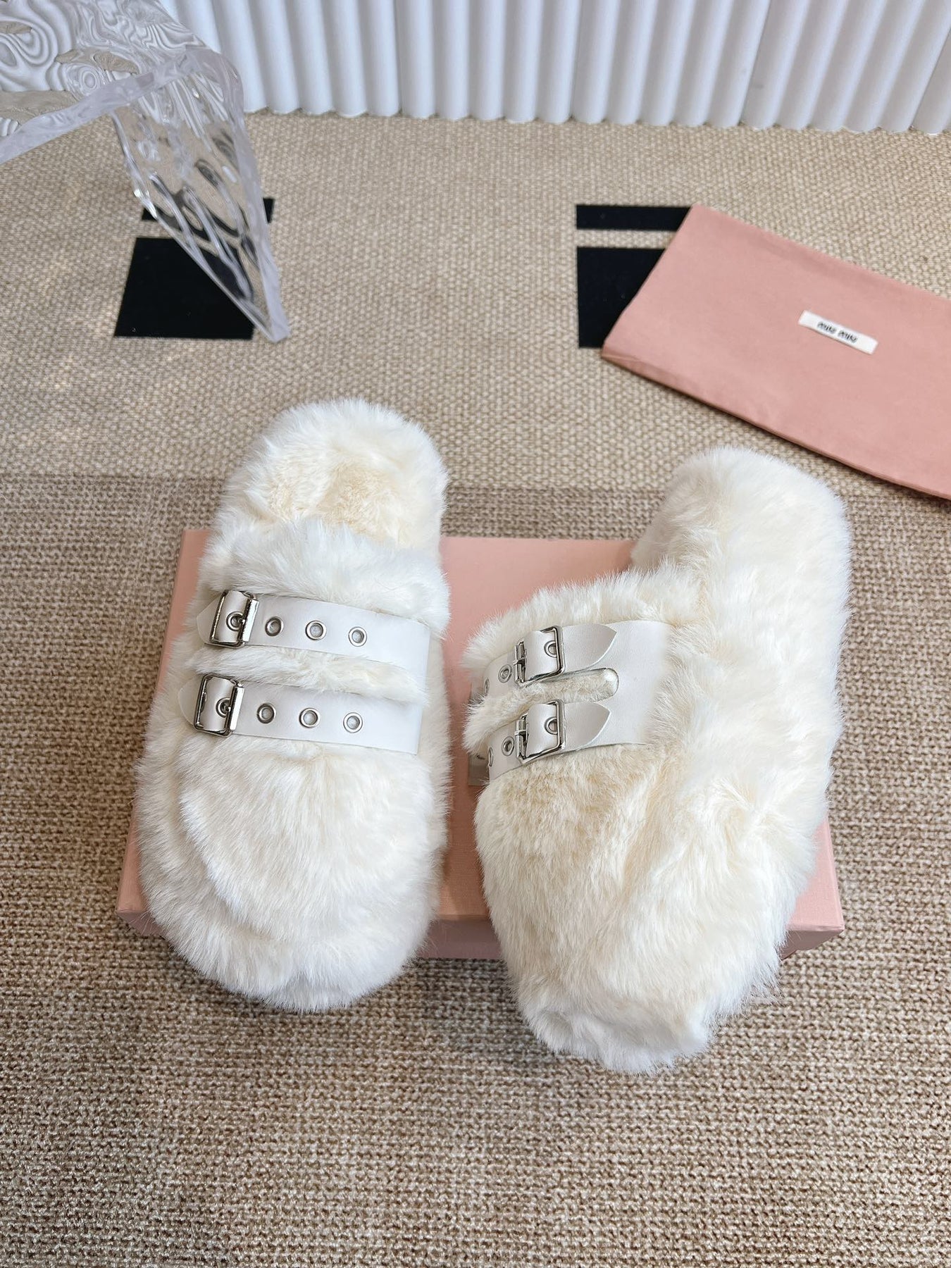 MULES IN WHITE RABBIT FUR SILVER HARDWARE