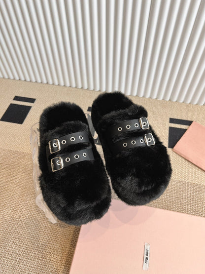 MULES IN BLACK RABBIT FUR SILVER HARDWARE