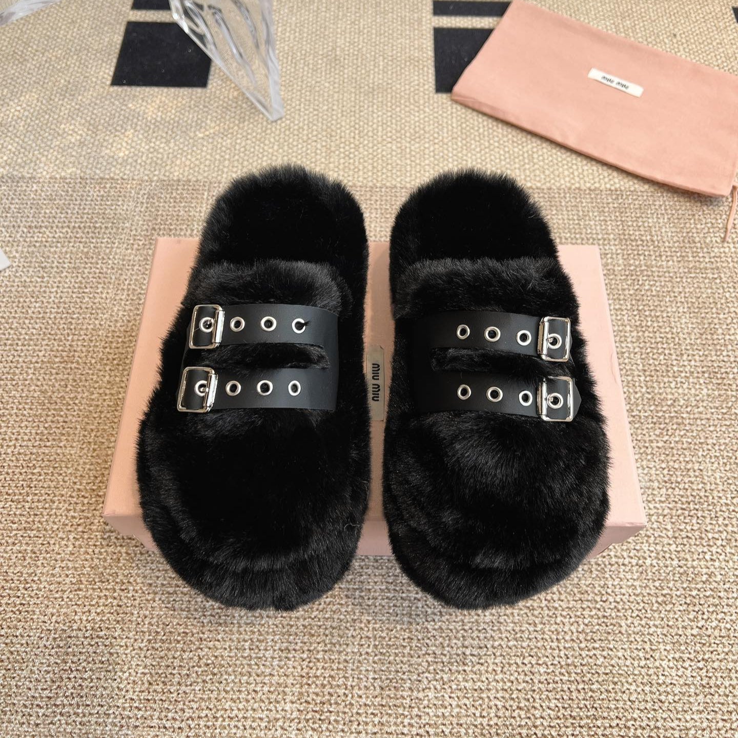 MULES IN BLACK RABBIT FUR SILVER HARDWARE