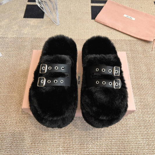 MULES IN BLACK RABBIT FUR SILVER HARDWARE