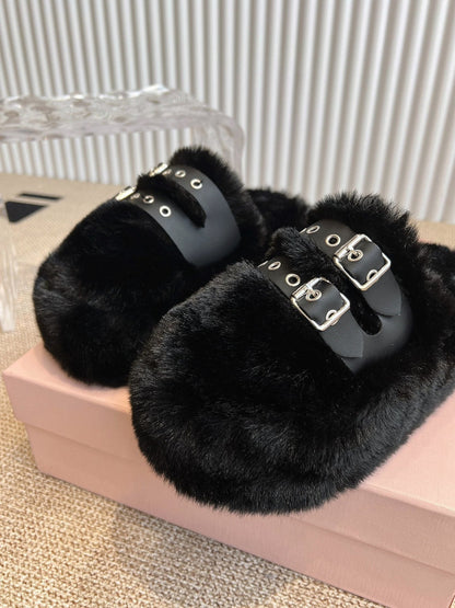 MULES IN BLACK RABBIT FUR SILVER HARDWARE