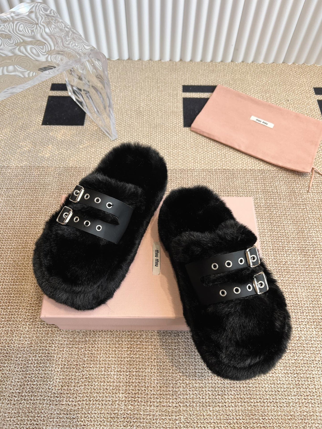 MULES IN BLACK RABBIT FUR SILVER HARDWARE