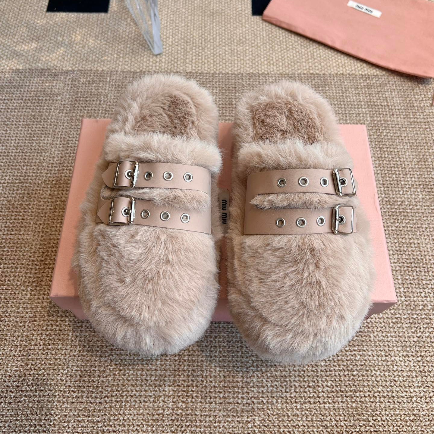 MULES IN BEIGE RABBIT FUR SILVER HARDWARE