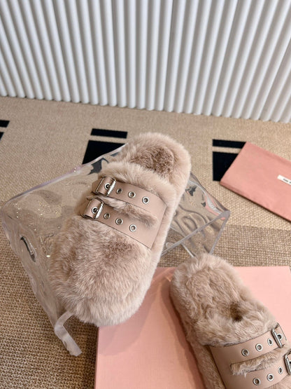 MULES IN BEIGE RABBIT FUR SILVER HARDWARE