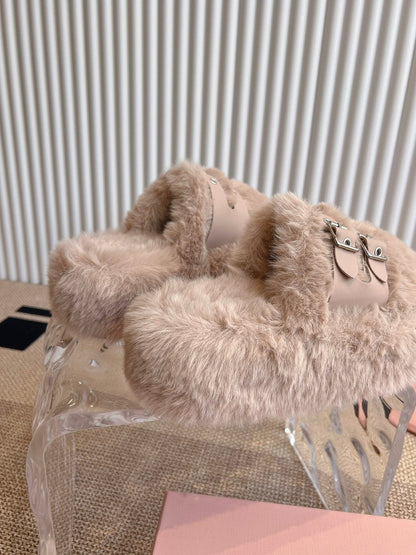 MULES IN BEIGE RABBIT FUR SILVER HARDWARE