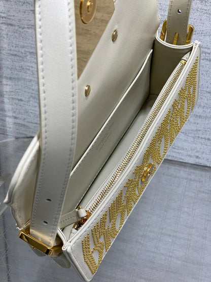 MINI 18 FLAP BAG IN WHITE LAMBSKIN WITH GOLD RHINSTONES