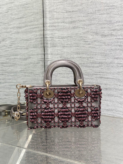 MINI LADY BAG 16 IN WENGE BROWN SATIN AND CALFSKIN WITH BEADED DESIGN