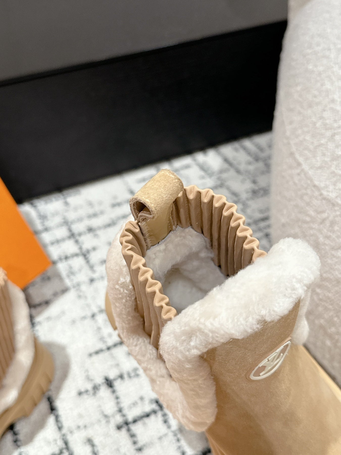 RUBY FLAT ANKLE BOOT IN TORTILLA BROWN SUEDE WITH WHITE SHEARLING