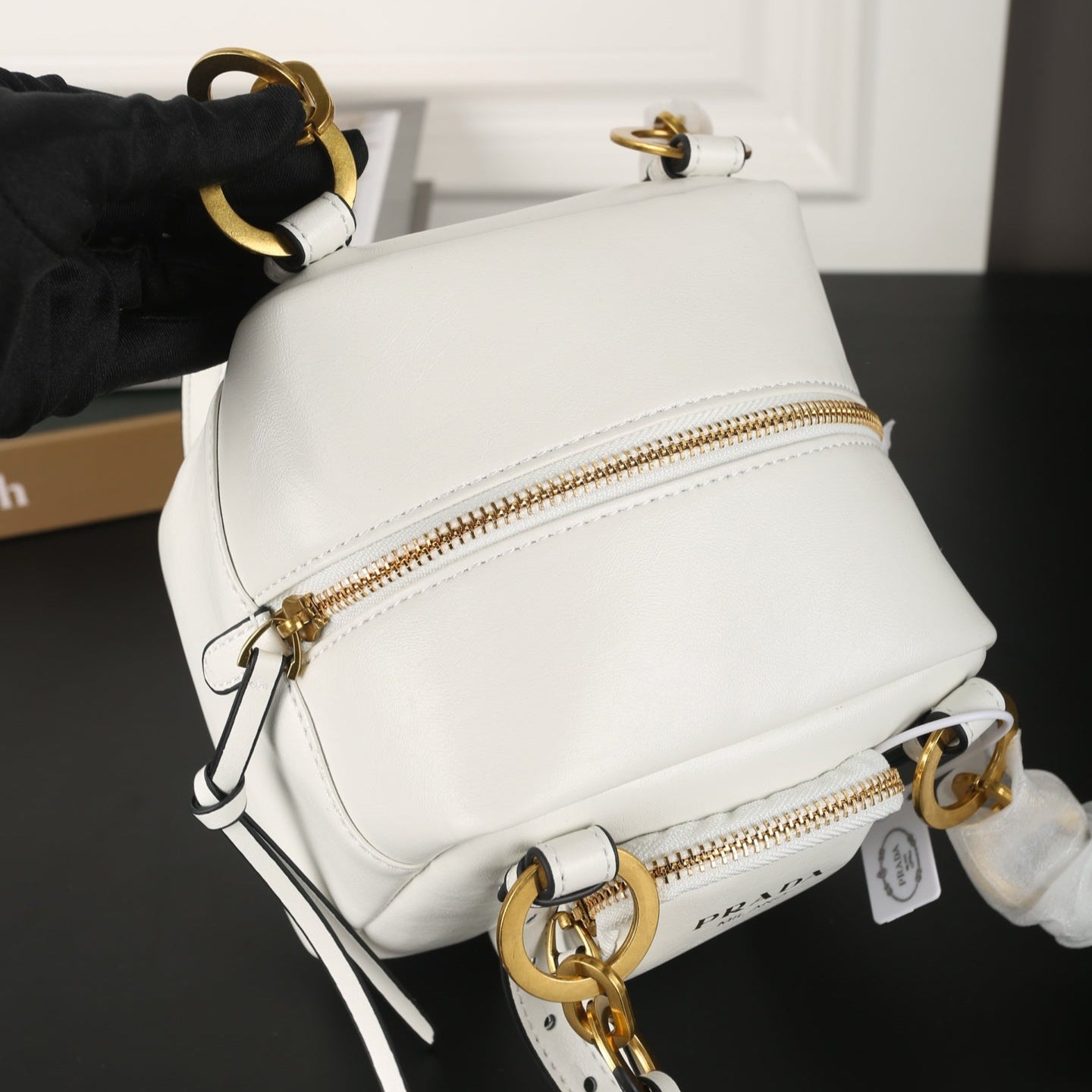 DANGLE TOP HANDLE MINI BAG 15 IN WHITE SHINY CALFSKIN