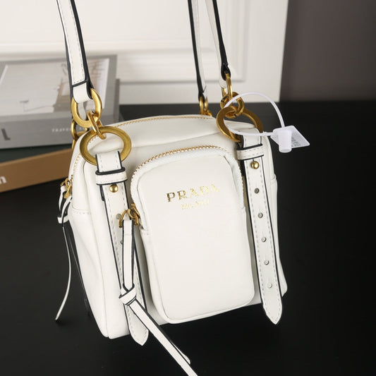 DANGLE TOP HANDLE MINI BAG 15 IN WHITE SHINY CALFSKIN