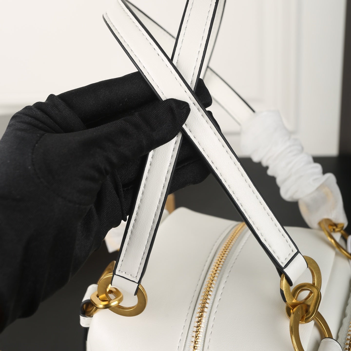 DANGLE TOP HANDLE MINI BAG 15 IN WHITE SHINY CALFSKIN