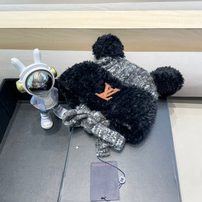 KNITTED BEANIE HAT IN BLACK MIX GRAY WOOL WITH CUTE BEAR EARS 422498