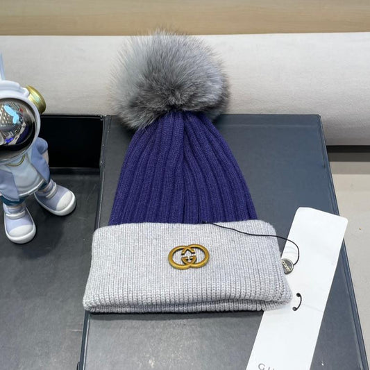 BEANIE HAT IN NAVY BLUE MIX LIGHT GRAY WOOL AND FOX FUR 422501