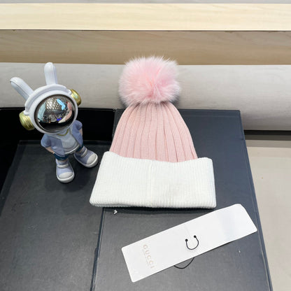 BEANIE HAT IN LIGHT PINK MIX WHITE WOOL AND FOX FUR 422503
