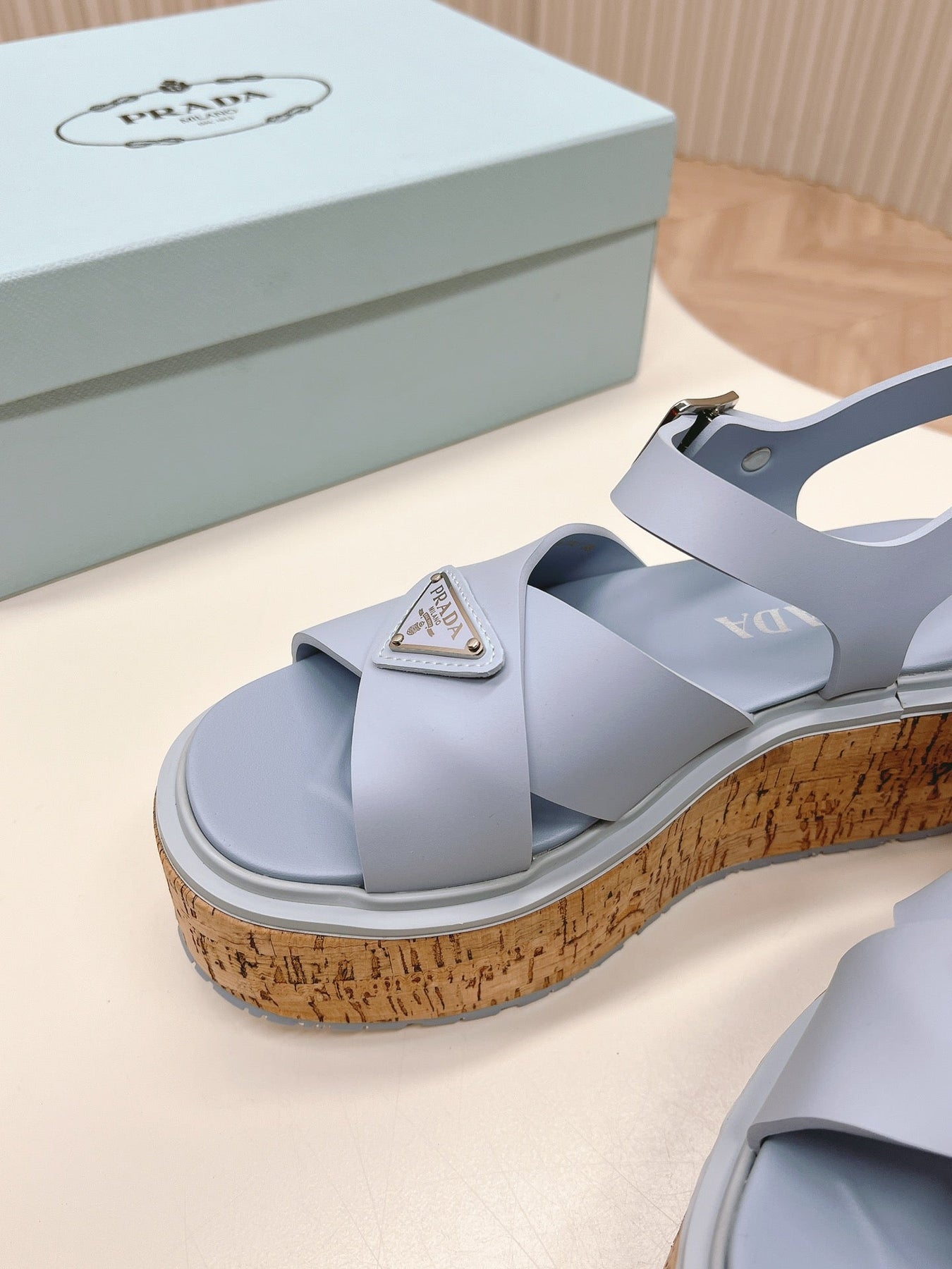 PRA WEDGE PLATFORM SANDALS SAPPHIRE CALFSKIN