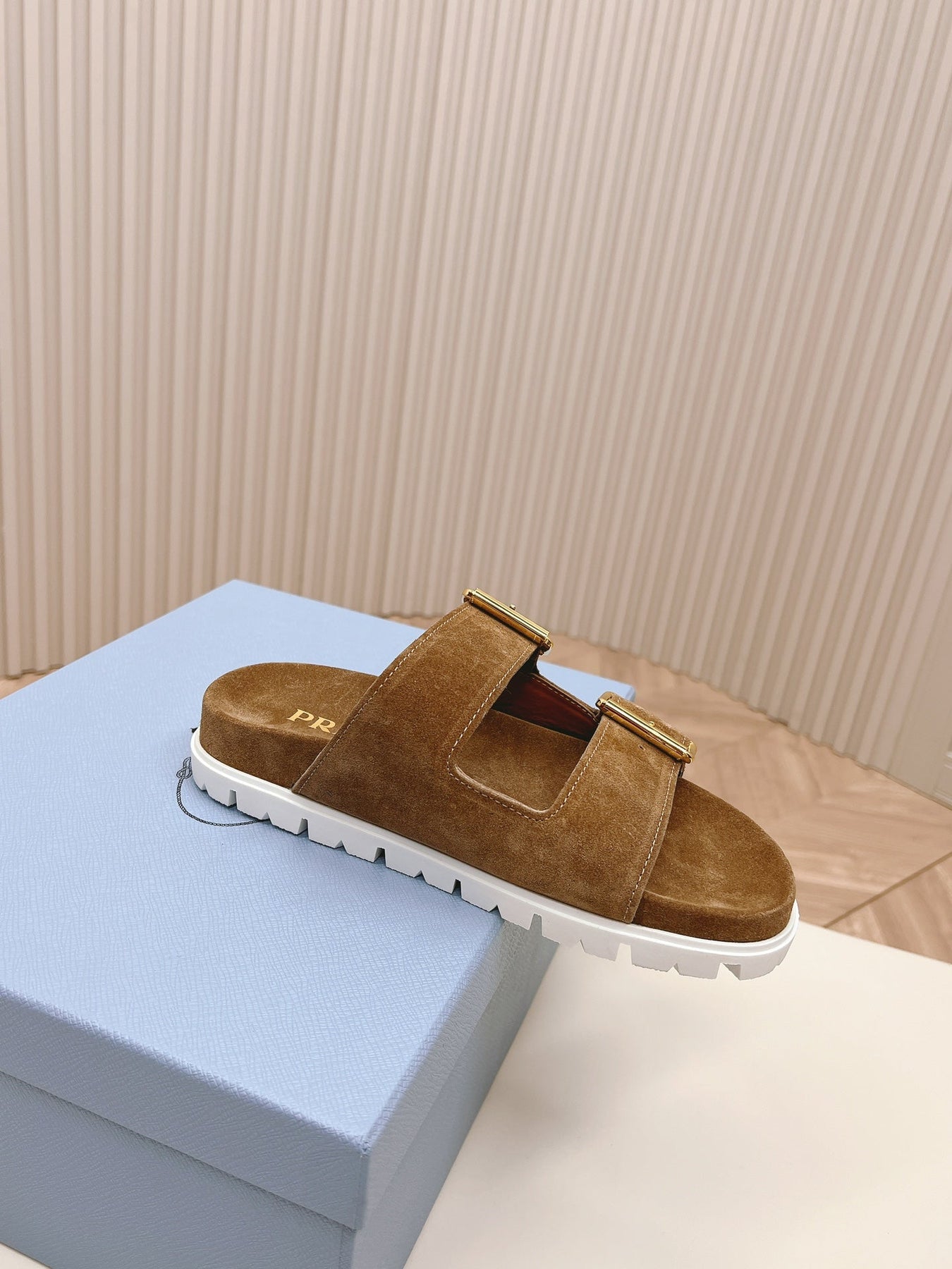 Double Buckle Strap Slides 20 Brown Suede