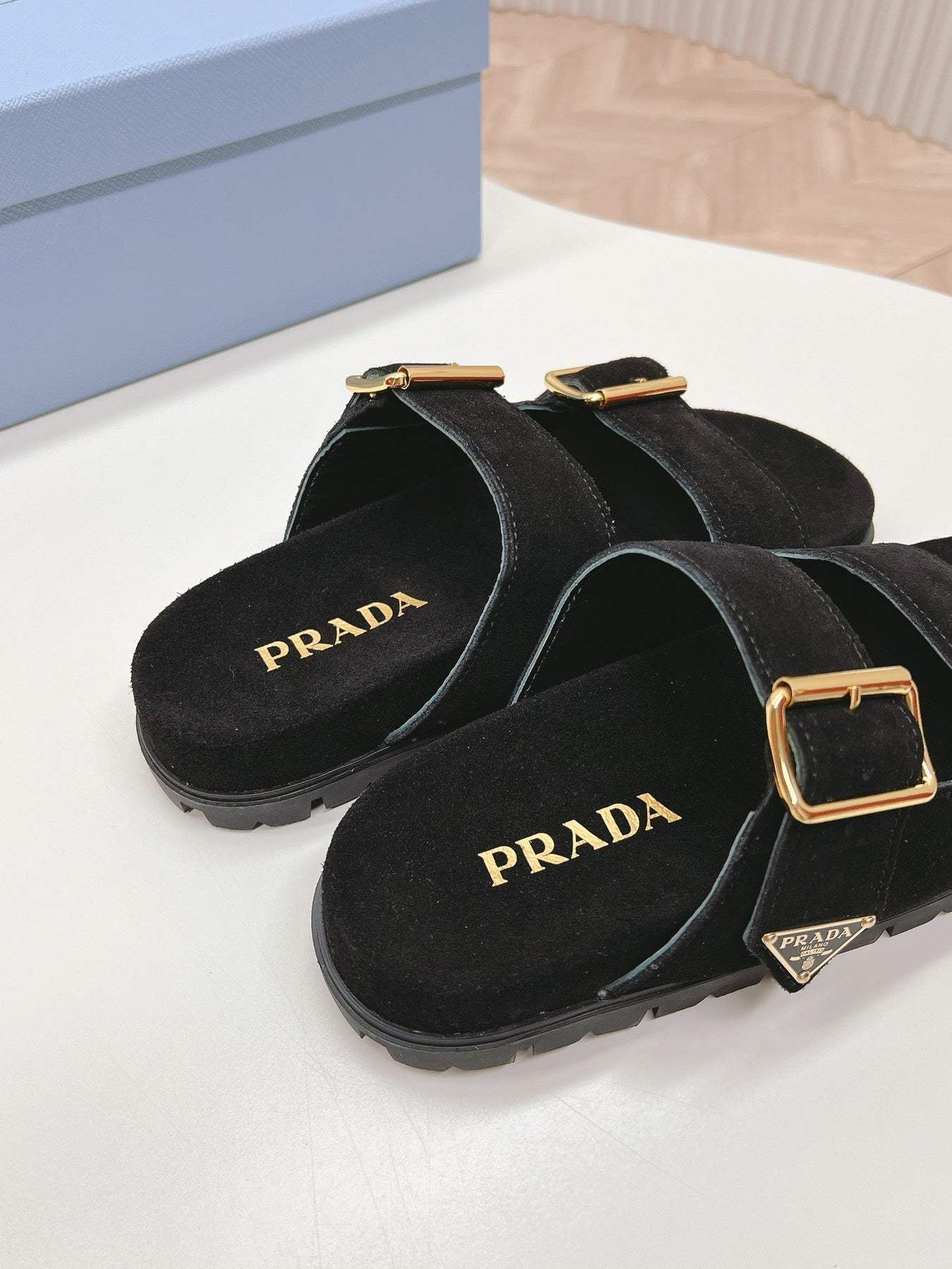 Double Buckle Strap Slides 20 Black Suede