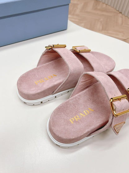 Double Buckle Strap Slides 20 Pink Suede
