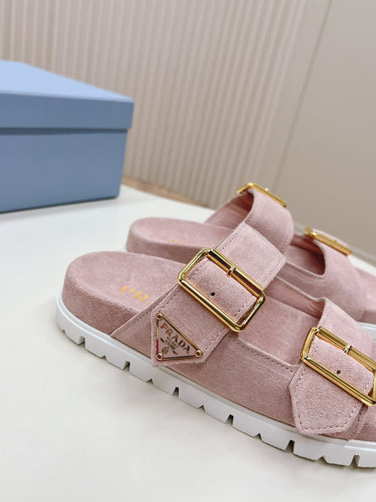 Double Buckle Strap Slides 20 Pink Suede
