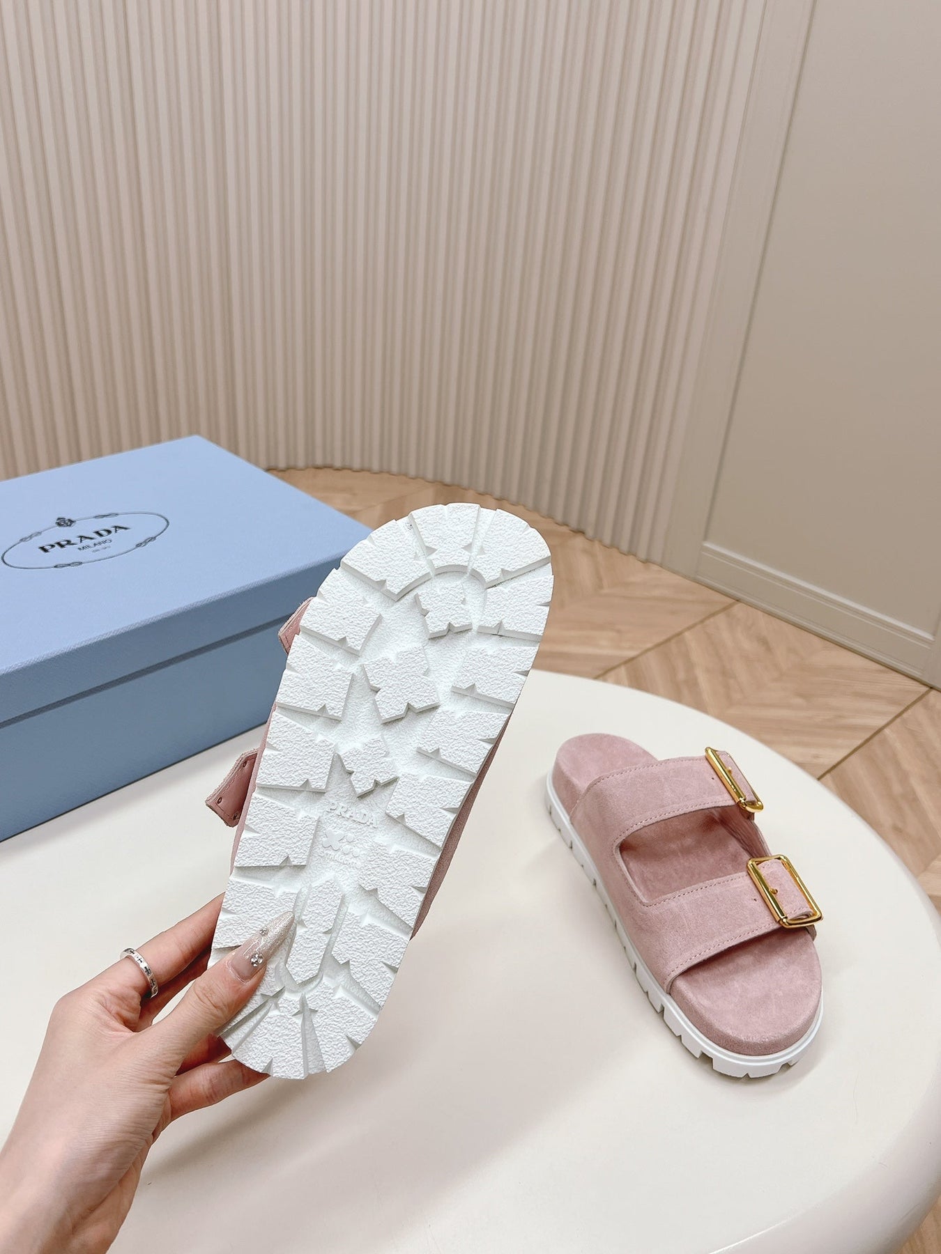 Double Buckle Strap Slides 20 Pink Suede